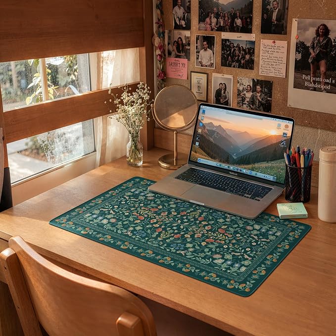 iCasso Aesthetic Flower Mouse Pad,23.6x13.7in,Deep Green | Vintage Desk Matt for Desktop, Anti-Slip Mousepad with Stitched Edges for Laptop Computer Keyboard - Image 9
