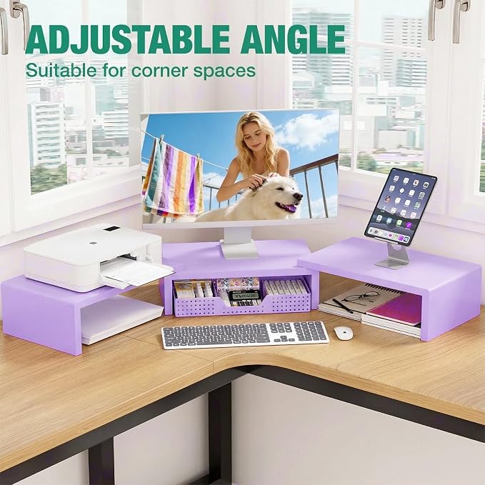 OPNICE Dual Computer Monitor Stand Riser with Drawer, Workspace Desk Organizer, Office Supplies Desk Accessories for Women, Purple - Image 5