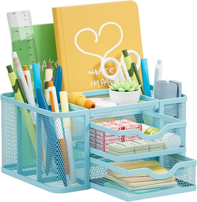 Marbrasse Mesh Desk Organizer, Pen Organizer with 2 Drawer, Multi-Functional Pencil Holder, Desk Organizers and Accessories with 5 Compartments + Drawer for Office Art Supplies (Blue) by Marbrasse