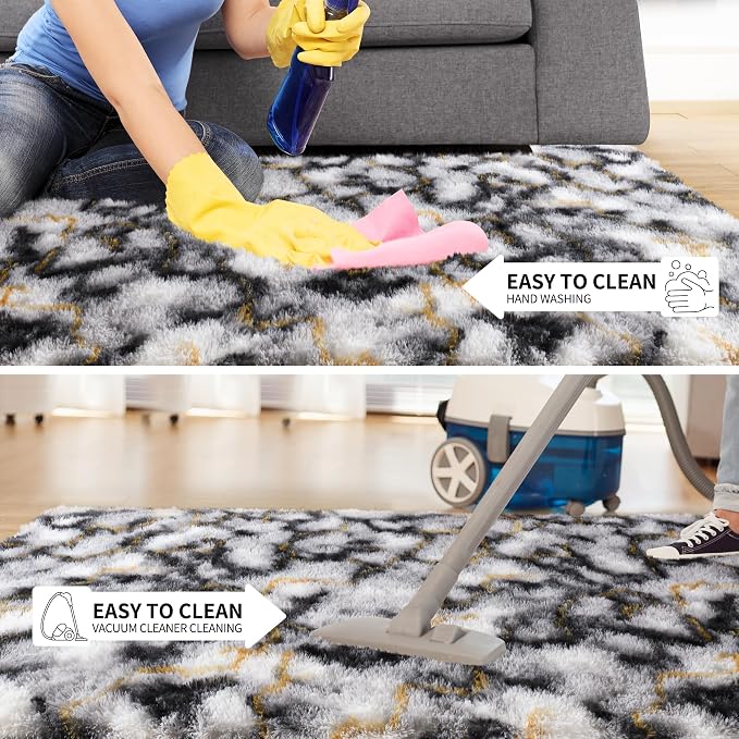 Tepook Fluffy Large Rugs for Living Room, Area Rug 6x9 Soft Carpet for Bedroom, Modern Shaggy Rug for Kids Boys Girls, Plush Indoor Nursery Home Decor Rug with Non-Slip Bottom, White Black Gold - Image 6