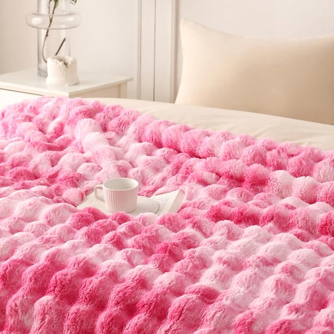 COOVA Faux Fur Throw Blanket for Couch, Cozy Soft and Fuzzy Plush Rabbit Fur Bubble Blanket for Sofa Bedroom Living Room, 60x80 Inches Tie Dye Pink - Image 3