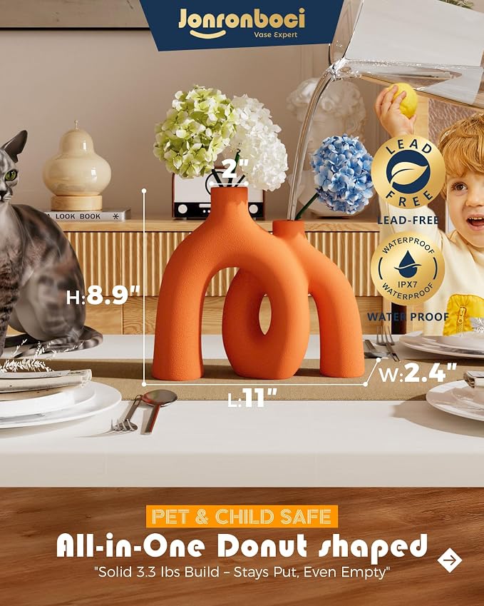 Hug Donut Decorative Vase Set - Modern Vases Home Decor, Decorative Vase for Bookshelf, Entryway Table, Dining Table Centerpiece, Mantle or Fireplace Decor, Console (Orange) - Image 3