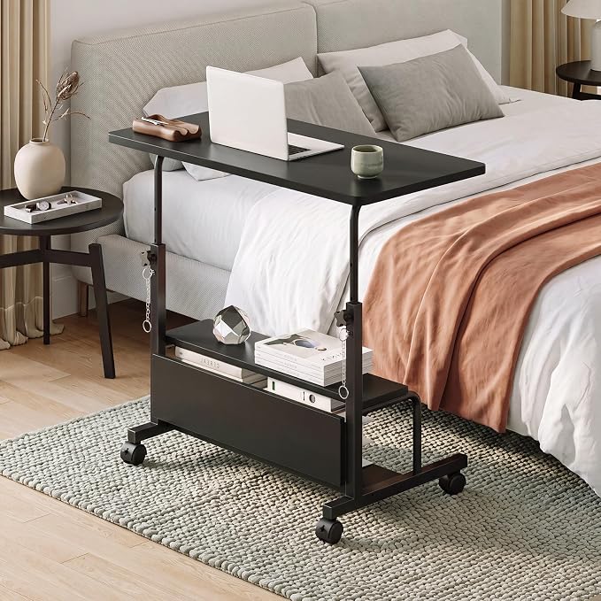 OLIXIS Rolling Desk, Storage Shelves, Laptop Table, Home Office | Height Adjustable Design, Computer Desks on Wheels, Portable for Small Spaces Use, Black - Image 7