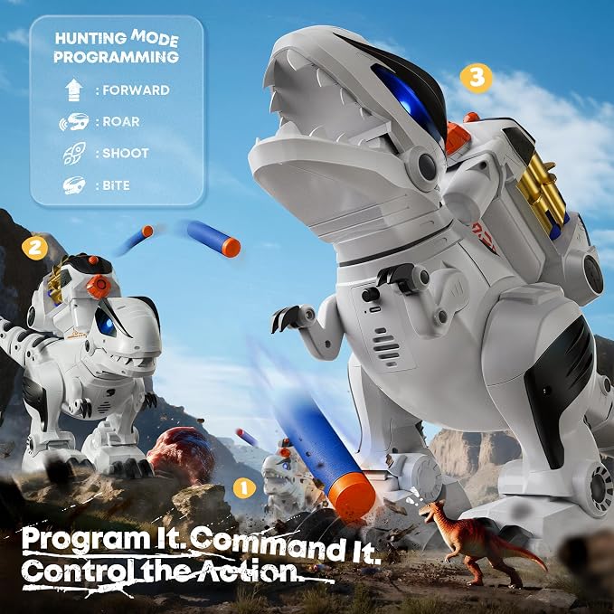 Ruko 8809 Robot Dinosaur Toys for Kids, Birthday Gift for Boys Age 3-8 | Interactive with Sound Effects, Remote Control T-Rex, STEM Programmable, Rechargeable, LED Eyes, Soft Dart, White - Image 8