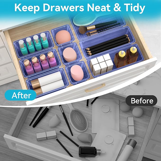 12 PCS Drawer Organizer Set, Makeup Organizer, Tool Storage Tray, Navy Blue | 4 Sizes, Plastic, Stackable, Multiple Gadgets, Desk Drawer Divider Organizers, for Makeup, Office Supplies Storage - Image 3