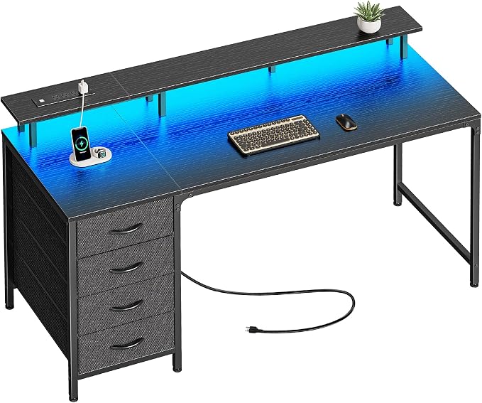 Huuger 55 Inch Computer Desk with Power Outlets and LED Lights, Gaming Desk with 4 Drawers, Office Desk with Monitor Stand, Study Work Home Office, Black by Huuger