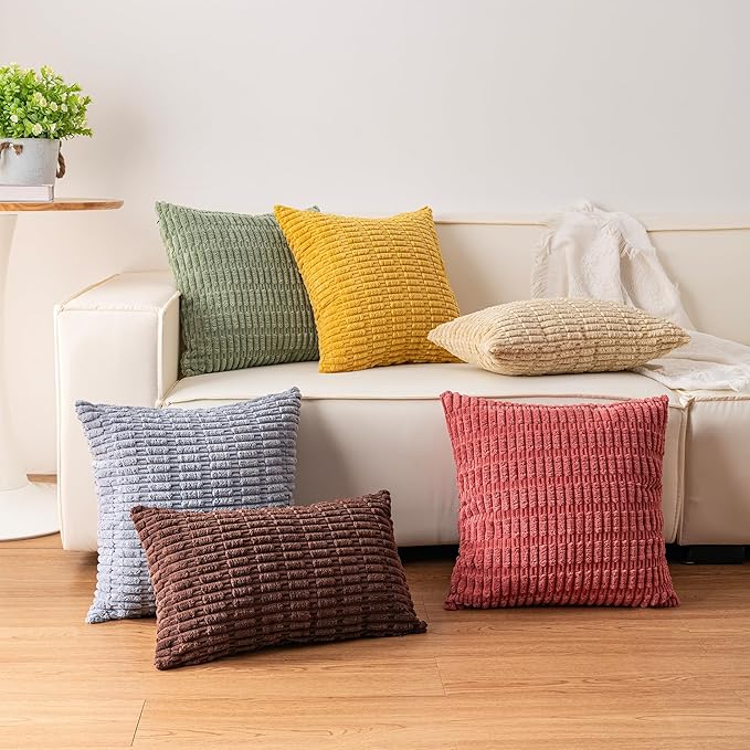 Aegero Pack of 2 Corduroy Decorative Throw Pillow Covers 20x20 InchSoft Boho Striped Pillow Covers Modern Farmhouse Home Decor for Sofa Living Room Couch Bed（Dark Brown） - Image 5