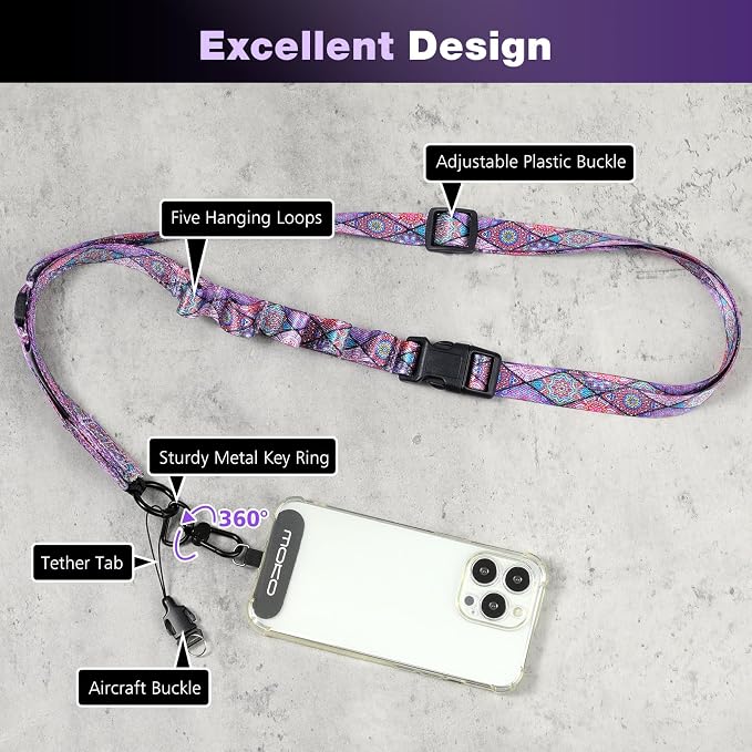 MoKo Boho Universal Phone Lanyard, Nylon Adjustable Cell Phone Crossbody Strap Detachable Women & Men Cellphone Lanyards Around the Neck with Patches for iPhone, Most Smartphones, Boho Colorful - Image 2