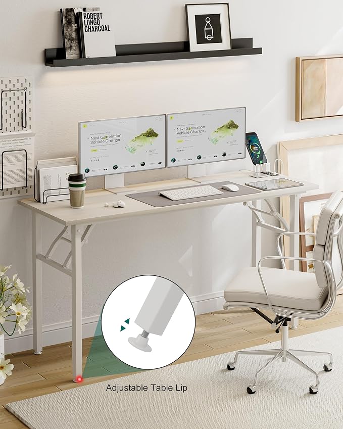 Frylr Small Folding Computer Desk – 55.1 Inch Portable Table for Craft and Study, Lightweight Desk for Small Spaces, Foldable Laptop Table Built-in AC/USB Outlets for Convenience, White Ash - Image 7
