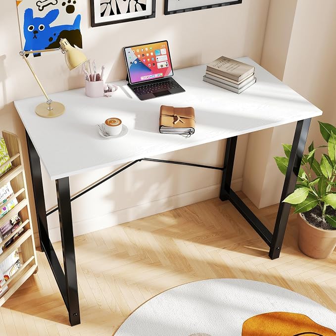 OLIXIS 47 Inch Computer Office Desk for Small Spaces, Writing Gaming Work Desk Modern Study Table with Metal Frame Home Bedroom, White | Computer Writing Workstation, Strong Metal Frame, Small Spaces, Home Bedroom Dorm, White - Image 2