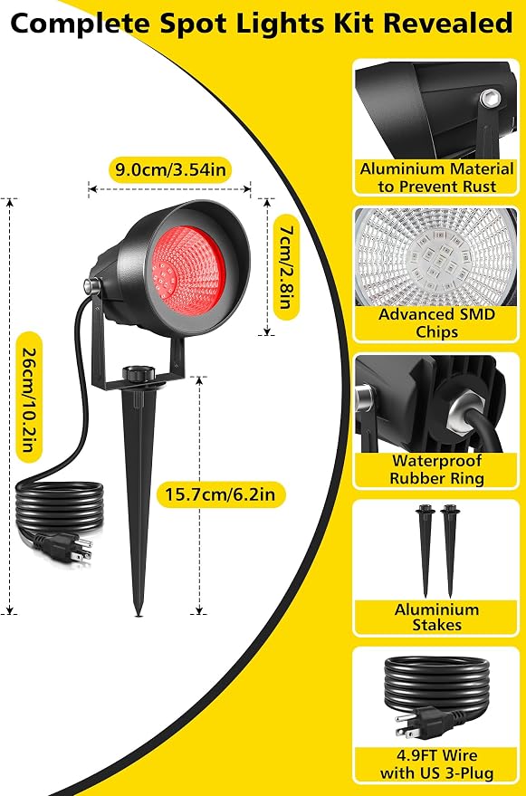 T-SUN Red Spotlight Outdoor, Waterproof LED Landscape Lighting with US Plug, Easy Install 270° Adjustable Outdoor Spot Lights for Garden Tree Yard Decor - Image 3