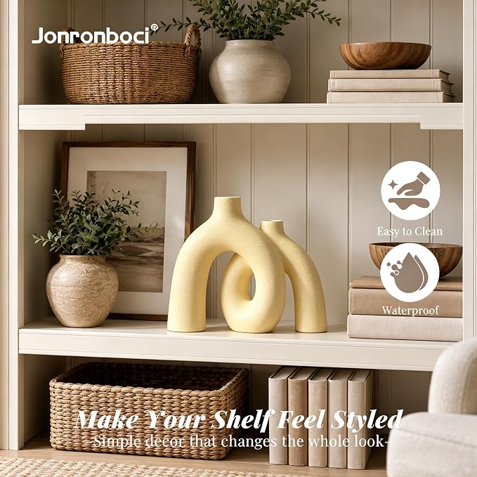 Hug Donut Decorative Vase Set - Beige Vase, Modern Nordic Boho Style Vases Home Decor, Matte Ceramic Decorations for Living Room Shelf, Bookshelf Mantle Entryway Table or Console Décor (Beige) - Image 3