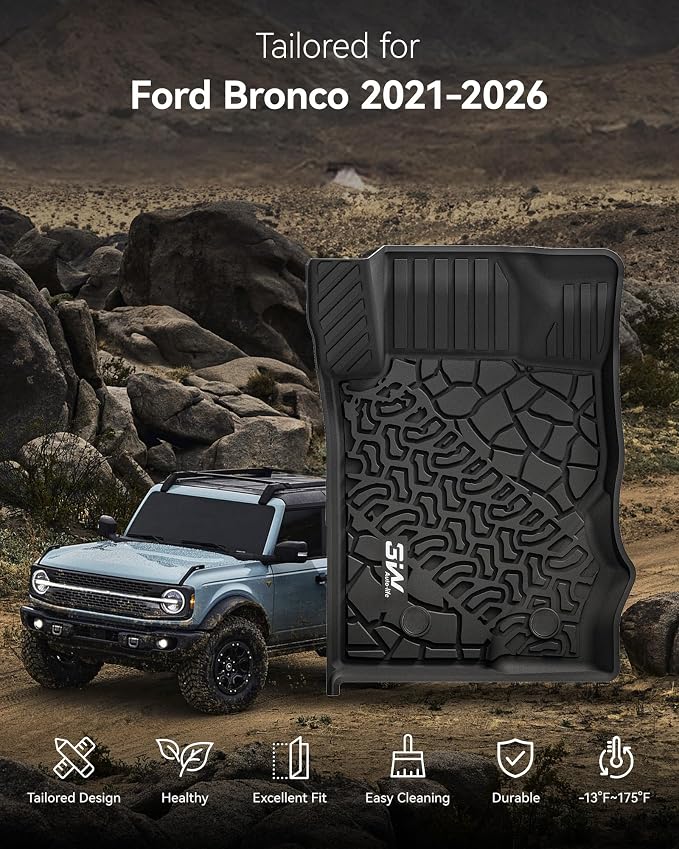 3W Floor Mats & Cargo Liner Fit for 2021-2025 2026 Ford Bronco 4 Door, TPE All Weather Custom Fit Floor Liner 1st 2nd Row and Full Set Trunk Mats, Black (Not for Bronco Sport & Rubberized Floor) - Image 2