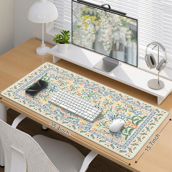 iCasso Desk Mat for Office Decor,35.4 x 15.7 in,Cute Green Floral | Desk Matt for Desktop,Desk Pad Mat for keyboard and mouse,XXL Large Mouse Pad,Anti-Slip keyboard pad with Stitched Edges - Image 2