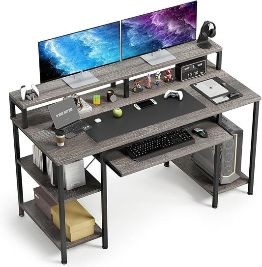 VERMESS Computer Desk- 48 Inch Home Office Desk with Keyboard Tray, 47" Gaming Desk with Full Monitor Stand & Storage Shelves & CPU Stand, Modern Study Writing Table with Shelf for Storage, Gray Oak by VERMESS