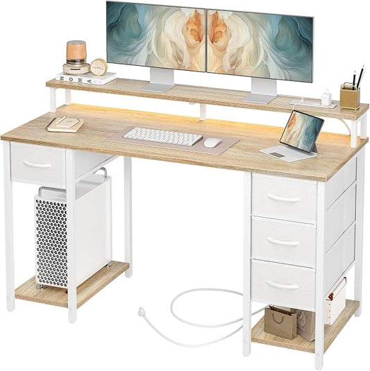 TIQLAB Computer Desk with 4 Drawers, 47 Inch Gaming Desk with LED Lights & Power Outlets, Home Office Desk with Monitor Stand, Study Writing Work Desk for Bedroom, Maple by TIQLAB