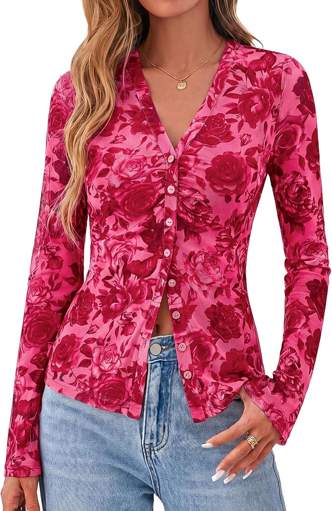 BTFBM Button Down Shirts for Women 2026 Fall Boho Tops V Neck Long Sleeve Blouses Ruched Mesh Fitted Fashion Clothing - Image 4