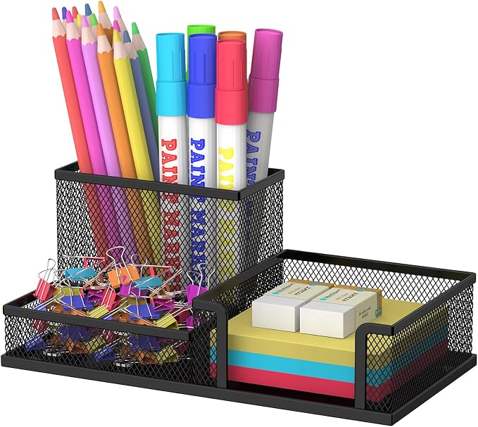 SUPEASY Pen Holder Desk Organizer, Office Supplies Pencil Holder with 3 Compartments, Desk Accessories and Workspace Organizers for Home School Classroom, Black by SUPEASY