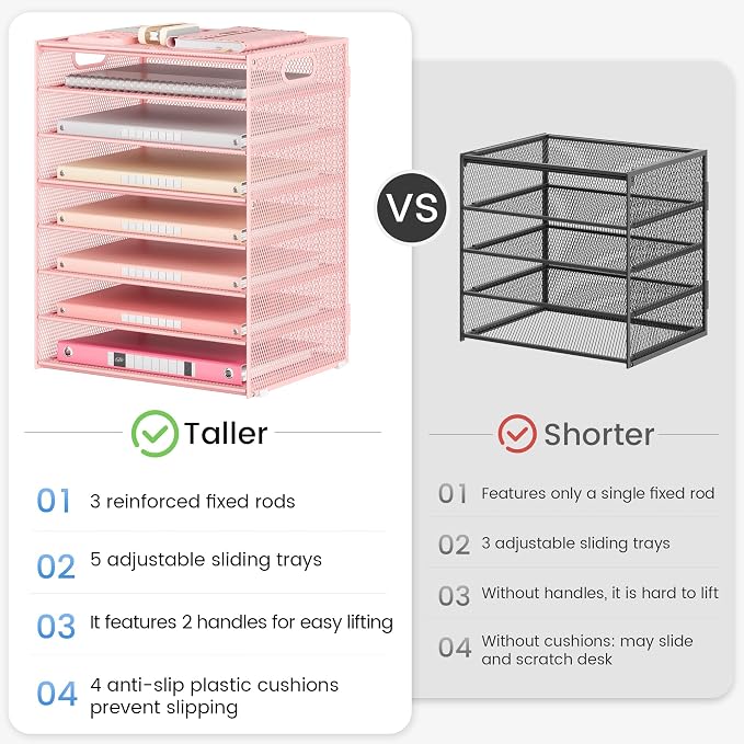 Lavatino 8-Tier Letter Tray Desk Paper Organizer, Mesh File Sorter Tray Organizer for Desk Office Supplies & Home Organization, Fits A4 Paper, Mail, Magazines and Office Accessories (Pink with Handle) - Image 6