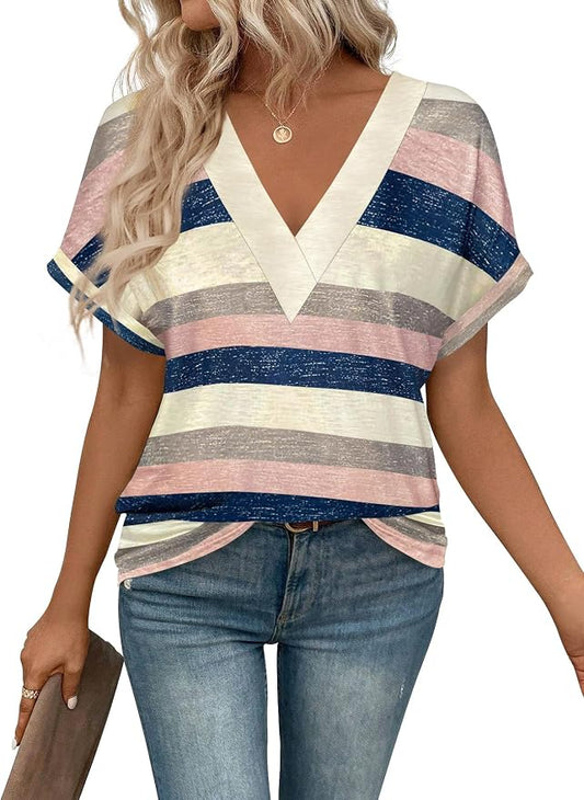 T Shirts Short Sleeve V Neck Tees Womens Tops Beach Vacation Fashion Clothes 2026 Casual Summer Spring Fall Outfits by EyMuseWomensTops