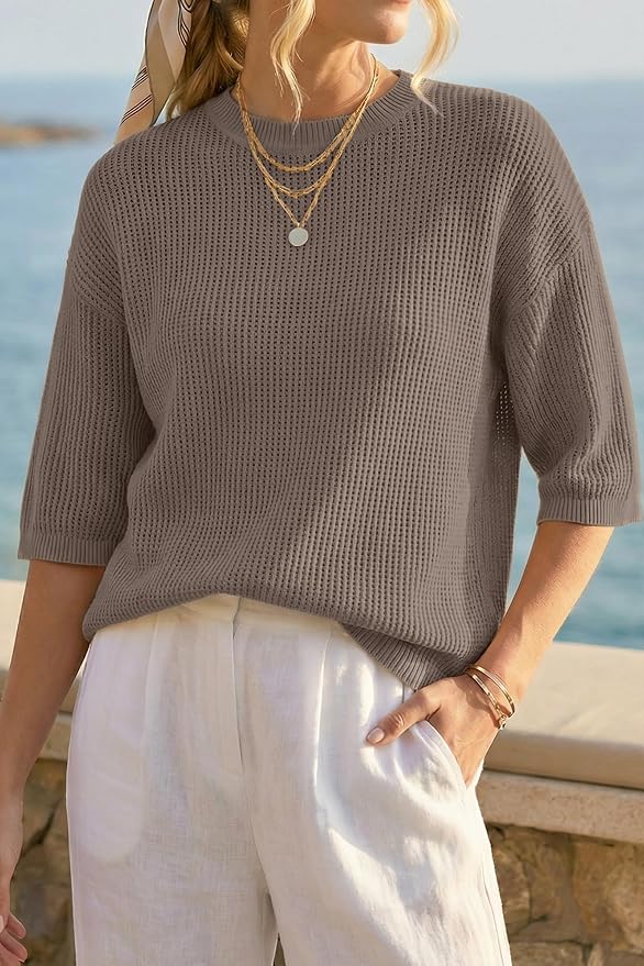 Arach&Cloz Womens Summer 100% Cotton Oversized Crochet Tops 3/4 Length Sleeve Sweater Hollow Out Casual Blouses 2026 - Image 2