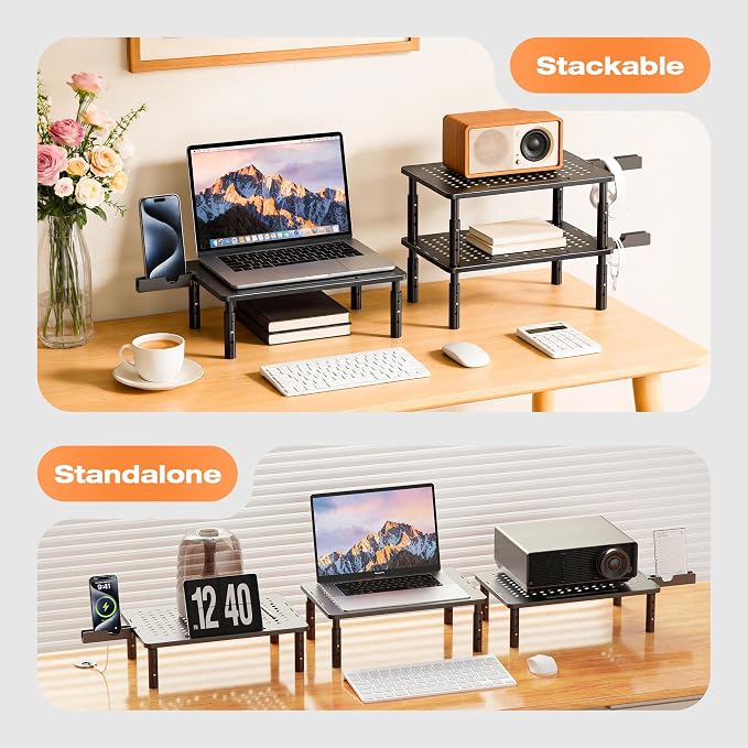 Computer Monitor Stand Riser for Desk, 3 Height Adjustable PC Laptop TV Desktop Monitor Stand Shelf, Metal Printer Table with Phone Holder, Stand Riser for Desk, Office Desk Organizers and Accessories, 2 Pack - Image 8