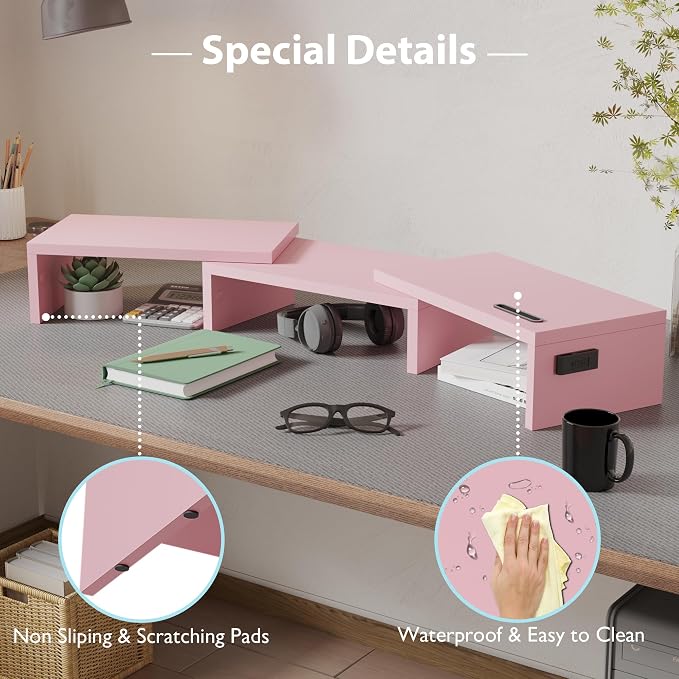 BONTEC Dual Monitor Stand Riser with Smartphone Holder, Adjustable Length & Swivel Angle, Ergonomic Wooden Desktop Organizer for PC Monitor, Laptop, Printer, Large Storage, 42.5 in, Pink - Image 7