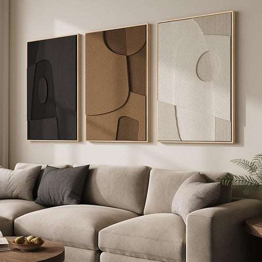 Large 3D Textured Framed Neutral Abstract Wall Art for Living Room, 3 Piece Modern Geometric Paintings Wall Decor, Black White Brown Minimalist Artwork for Dining Room Bedroom Hallway Office, 24x36 In by Cuspin