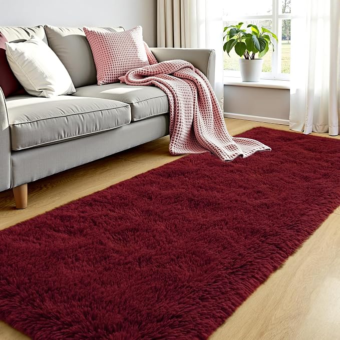 Tepook Soft Runner Rugs for Bedroom 2x6 with Rubber Backing, Burgundy Red Fluffy Rugs for Hallway, Shag Bedside Rug Fuzzy Plush Carpet for Living Room Dorm Nursery Indoor Home Decor - Image 3