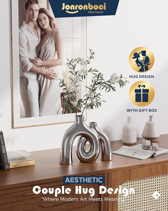 Hug Donut Decorative Vase Set - Silver Vase, Modern Nordic Boho Style Vases Home Decor, Matte Ceramic Decorations for Living Room Shelf, Bookshelf Mantle Entryway Table or Console Décor (Silver) - Image 2
