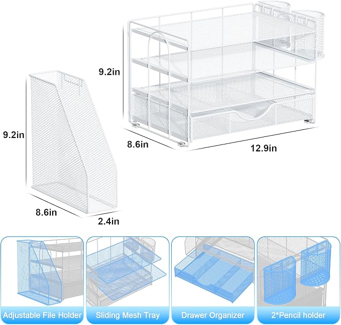 gianotter Desk Organizers and Accessories with File Holder, 4-Tier Desk Accessories & Workspace Organizers with Drawer and 2 Pen Holder, Paper Organizer for Office Supplies (White) - Image 5