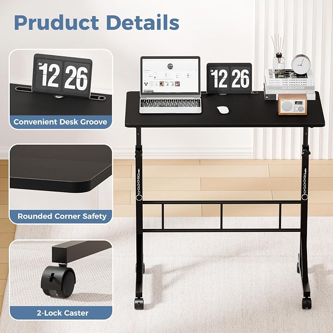 DUMOS 31.5" Walking Pad Desk, Laptop Desk, Home Office | Lockable Wheels, Adjustable Height, Portable Rolling Design, Treadmill Use, Stand Up Style, Black - Image 5