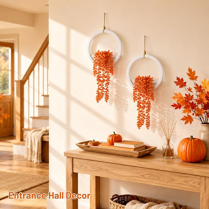 Der Rose 2 Pack Orange Hanging Artificial Succulent Plants, Fake Hanging Plants for Fall Decor, Bathroom, Living Room, Kitchen Wall, Shelf and Boho Farmhouse Decor - Image 2