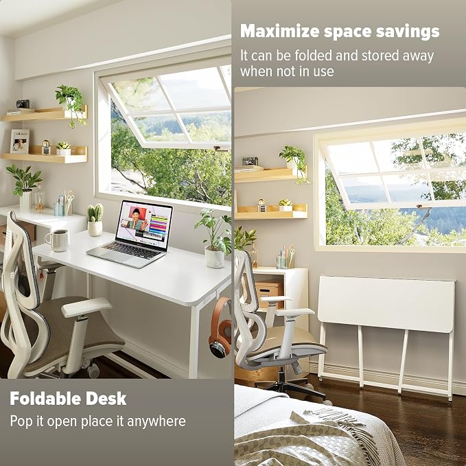 WOHOMO Folding Desk, 39.4" Foldable Computer Table for Small Spaces, White | Easy Assembly and Fold, Sturdy Home office desks for Study Bedroom Dorm Space Saving Writing Work Apartment - Image 5