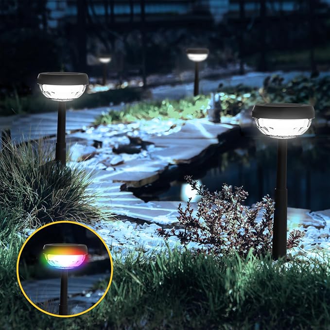 Ensenior Solar Pathway Lights IP65 Waterproof, RGB Color Changing & 6500K Cool White, 8-16Hr Runtime, Flower Pattern Garden Lights for Walkway Porch Yard - 10 Pack - Image 5