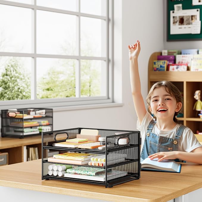 Subekyu 2-Pack 3-Tier Paper Letter Tray Organizer for Desk, Black Metal Mesh File Sorter Organizer with Handle and 1 PC Sliding Tray for Home Office School Desk Supplies Organization Storage - Image 3