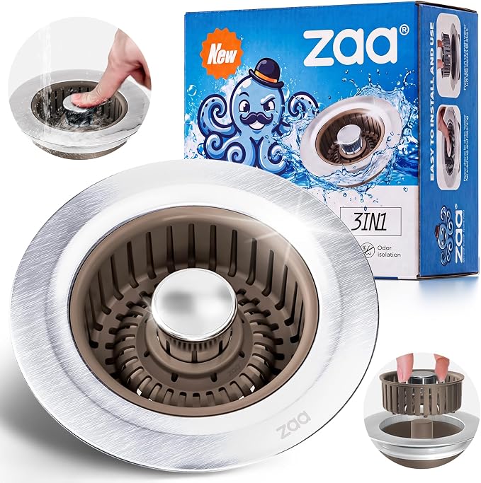 zaa 3 in 1 Kitchen Sink Drain Strainer Stopper Removable Basket Pop-Up | Kitchen Sink Accessories 1 Pack Brown Stainless - Food Catcher, Odor-Blocking Seal, Fits 3.5" Drain, Easy Clean by zaa