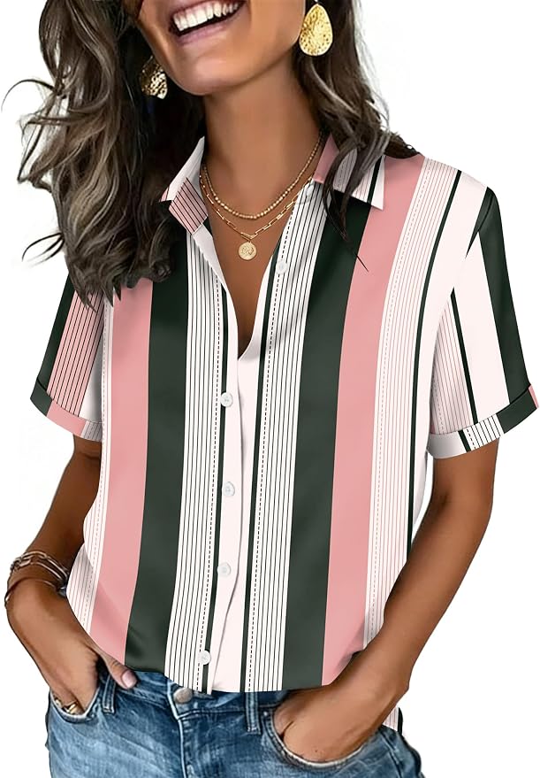 Zeagoo Button Down Shirts for Women Short Sleeve Collared Tops Dressy Casual V Neck Blouses by Zeagoo
