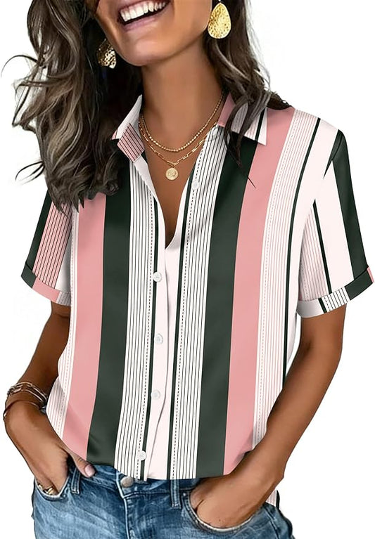 Zeagoo Button Down Shirts for Women Short Sleeve Collared Tops Dressy Casual V Neck Blouses by Zeagoo
