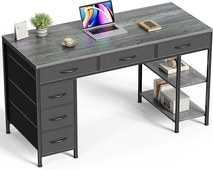 Huuger Computer Desk with 6 Drawers, Office Desk with Shelves, Reversible Gaming Desk, Corner Desk with Storage, Work for Home Office, Study, Living Room, 47inch, Grey by Huuger