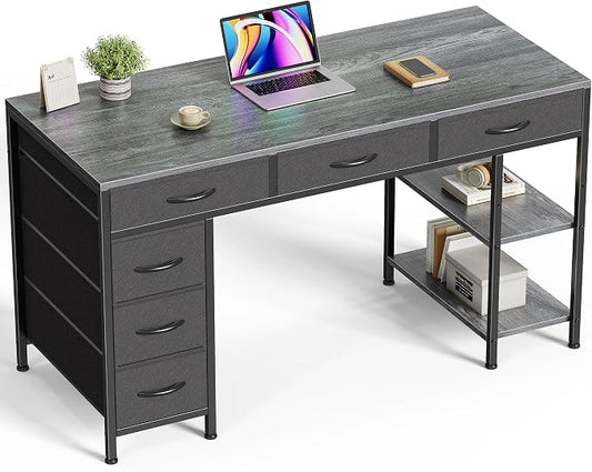 Huuger Computer Desk with 6 Drawers, Office Desk with Shelves, Reversible Gaming Desk, Corner Desk with Storage, Work for Home Office, Study, Living Room, 47inch, Grey by Huuger