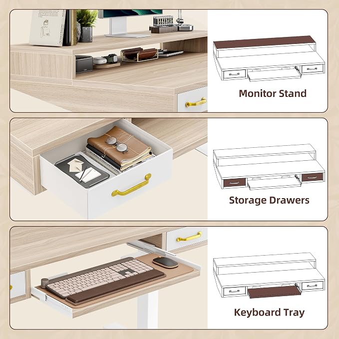 TIQLAB Standing Desk with Two Drawers, Stand Up Standing Desk Adjustable Height, Electric Sit Stand Table with Storage Shelf and Splice Board, with LED Light, 55 * 28 inch, Light Walnut - Image 6