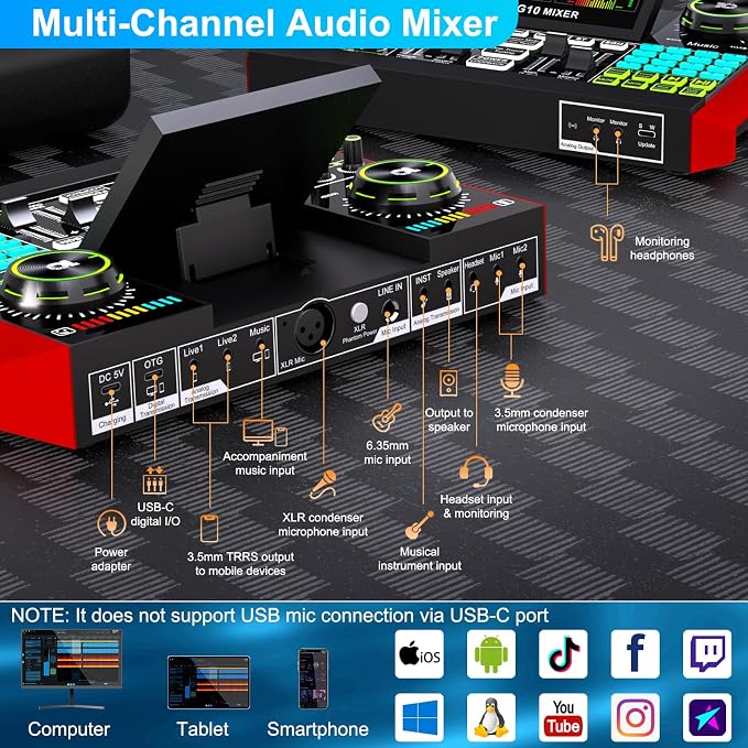 Podcast Microphone Bundle with Live Sound Board Audio Mixer, Podcast Equipment Bundle with 3.5mm Condenser Microphone(P15) for Pc/Phone Live Streaming Singing Gaming, Voice Changer, Denoise - Image 7