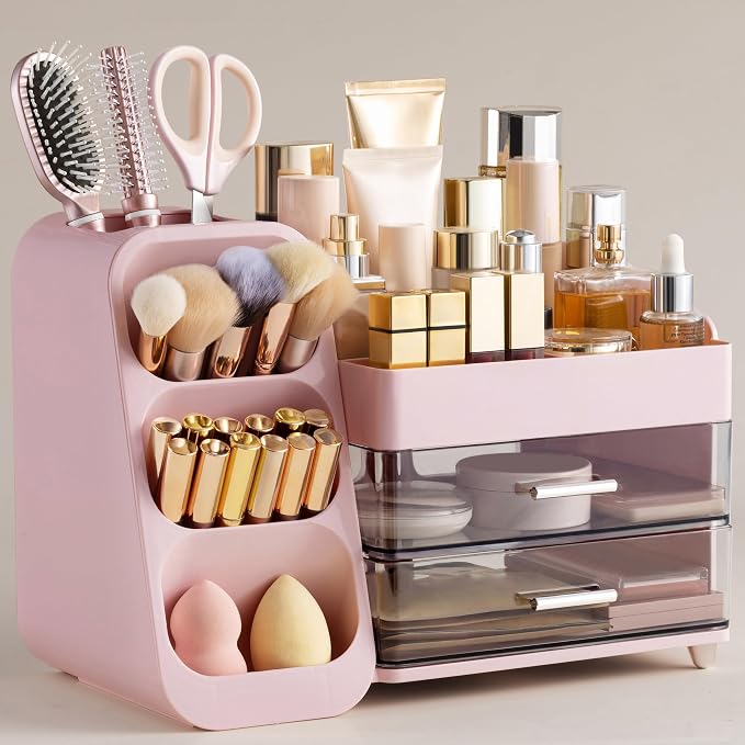 HBlife Makeup Organizer with Brush Holder for Vanity, Large Plastic Bathroom Countertop Organizer Skin Care Storage, Easy to Store Lipsticks, Nail Polishes, Perfumes, Eyeshadow Palettes, Pink by HBlife