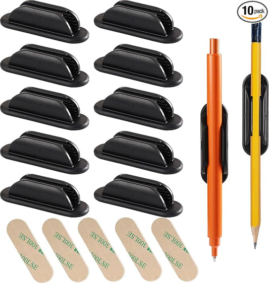 Tiizze 10 Pack Adhesive Pencil Holder for Desk, Silicone Pen Holder for Wall, Clipboard & Laptop with 15 Upgraded Sticky Pads, Rugged Grip Pencil Holders for Classroom Teacher Essentials (Black) by Tiizze