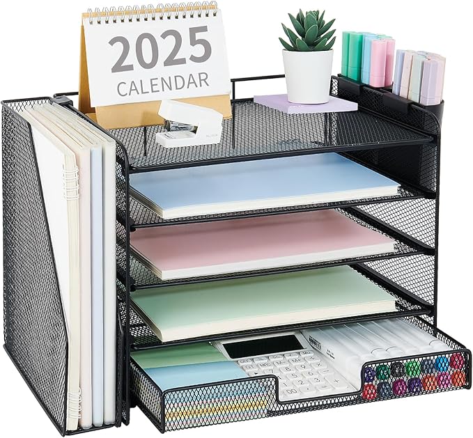 OPNICE Desk Organizer, 5-Tier Desktop File Organizer with Drawer and Pen Holders, Office Desk Accessories, File Sorters, Workspace Organizers for Office Supplies(Black) - Image 8