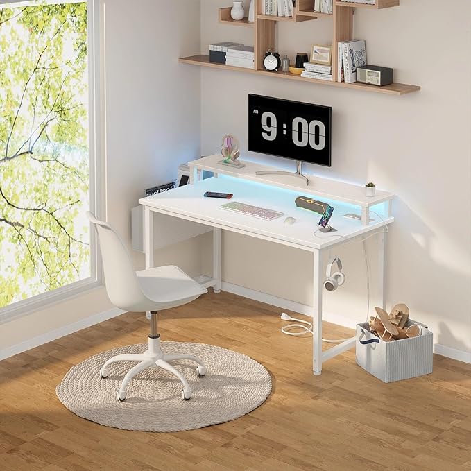 Lufeiya Small White Desk with LED Lights and Power Outlets, 32 Inch Home Office Computer Desks with Monitor Stand, Teen Writing Study Table Gaming Desk with Charging Station, White - Image 2