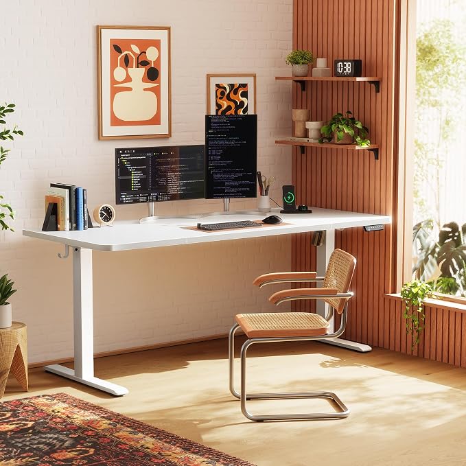 Huuger 63 X 24 Inch Electric Standing Desk with Power Outlets and USB-C Port, Height Adjustable Desk, Sit Stand Desk for Home Office, Computer & Gaming Desk with 4 Presets, Stable Steel Frame, White - Image 2