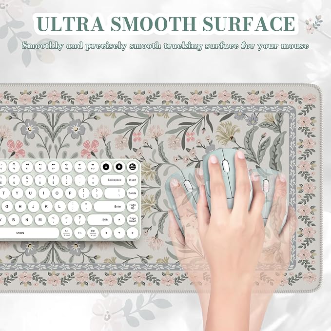 iCasso Aesthetic Desk Mat,31.5x11.8in Mouse Pads, Gray Floral | Anti-Slip Mousepad with Stitched Edges, Waterproof Computer Pad, Desk Accessories Office Decor for Women - Image 3