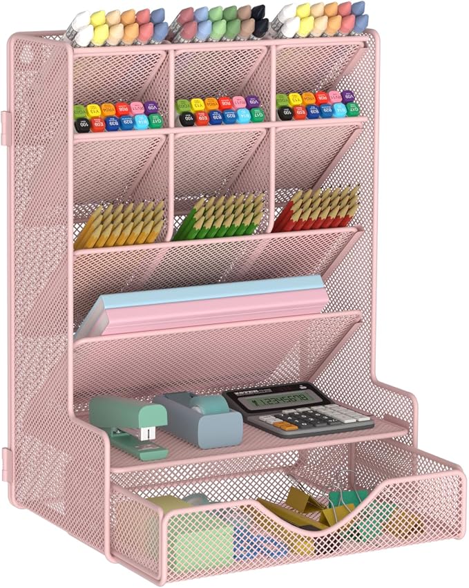 BOHDK Pen Organizer for Desk, Multi-Functional Desk Organizer, Wall Mount Pen Holder with Drawer for School, Office, Home, Art Supplies, Pink by BOHDK